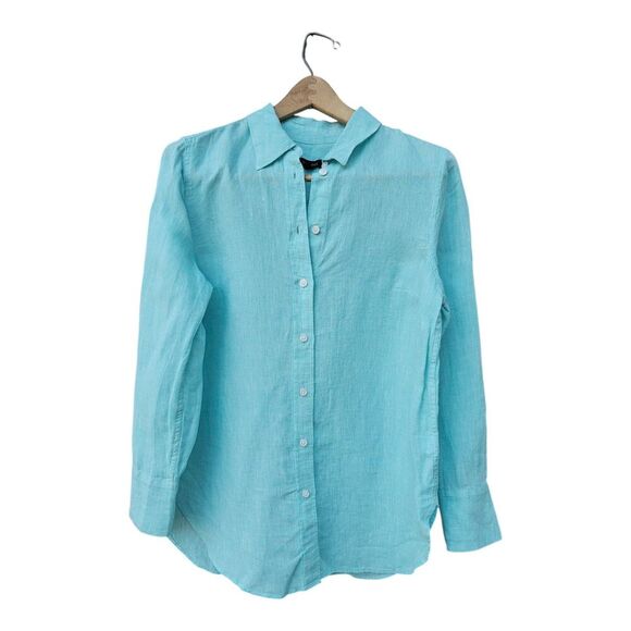 Talbots 100% Linen Button Up Top Blouse Robin Egg Blue Size Med Coastal Easter - Picture 1 of 8